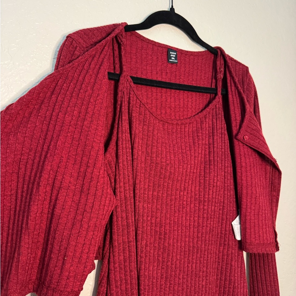 Red Ribbed Knit Two-Piece Mini Dress Set - Picture 4 of 5
